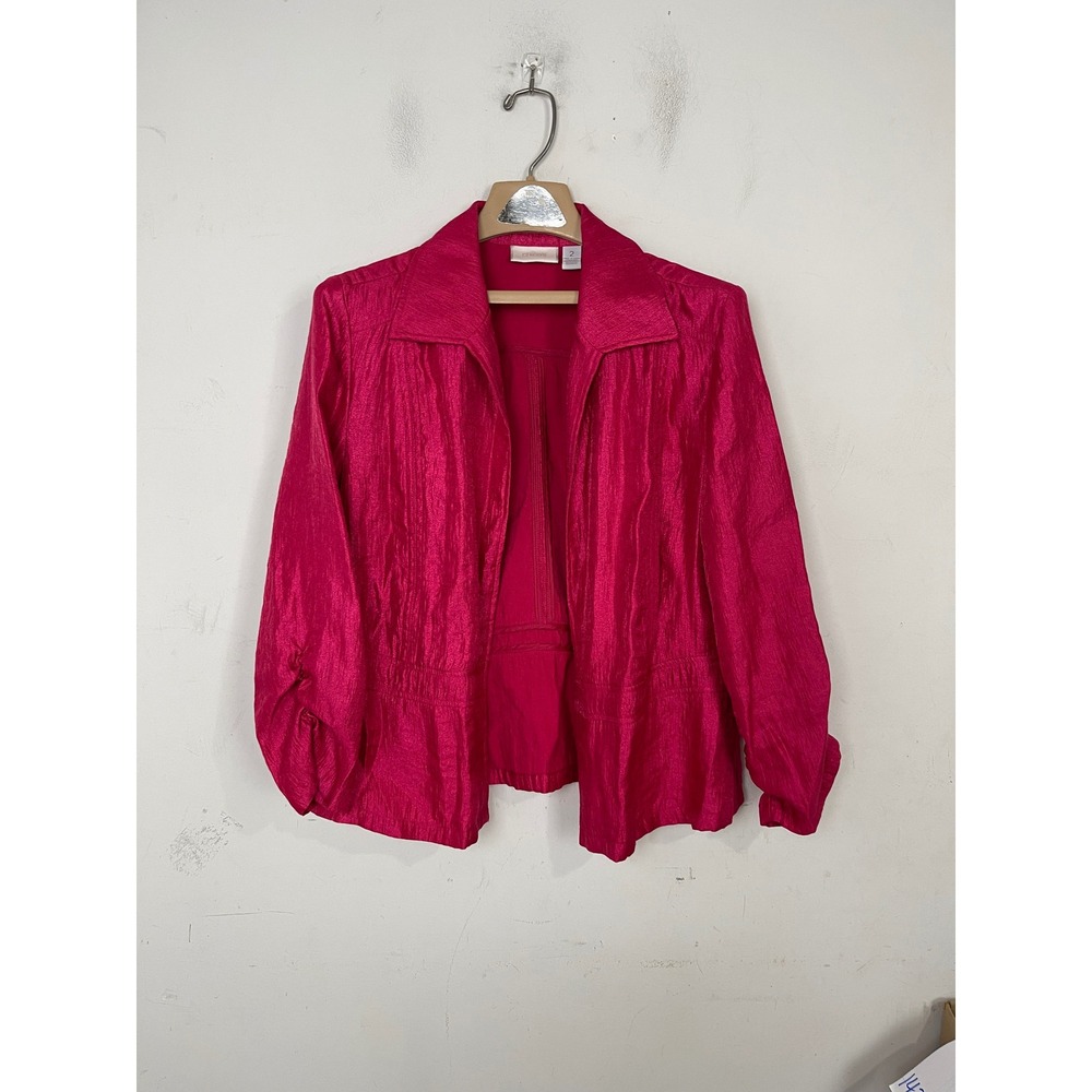 Chicos Fuchsia Pink Crinkle Open‎ Front Jacket Size 2 Large Lightweight Blazer